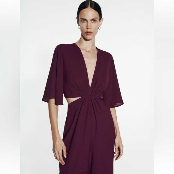 ZARA CUT OUT BURGUNDY COLOR STYLISH JUMPSUIT - Picture 7 of 8